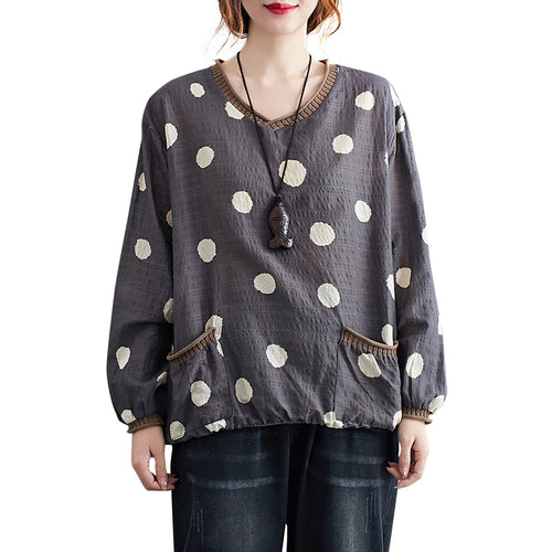 рубашка женская Oversized Blouse Shirts Women Floral Dot Print Knitted блузка V-Neck Vintage Shirt Casual Feminine Tops Blusas