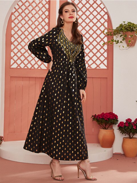 Oversized Ladies Long Skirt V-neck Long-sleeved Hot Stamping Polka Dot Print Stitching Embroidery Fashion Muslim Dress 2021