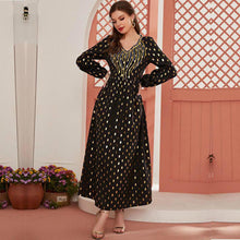 Load image into Gallery viewer, Oversized Ladies Long Skirt V-neck Long-sleeved Hot Stamping Polka Dot Print Stitching Embroidery Fashion Muslim Dress 2021