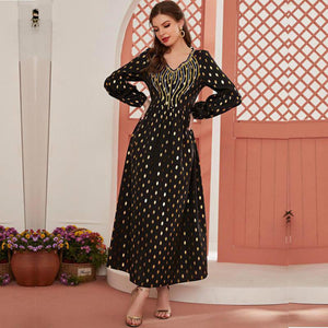 Oversized Ladies Long Skirt V-neck Long-sleeved Hot Stamping Polka Dot Print Stitching Embroidery Fashion Muslim Dress 2021