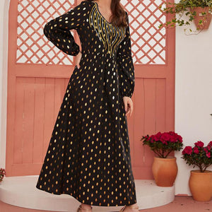 Oversized Ladies Long Skirt V-neck Long-sleeved Hot Stamping Polka Dot Print Stitching Embroidery Fashion Muslim Dress 2021