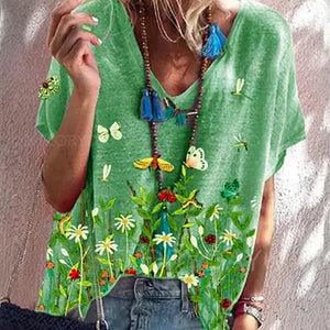 Oversized Ladies Tops Women Plus Size Floral 3D Print T Shirt Loose V-Neck Short Sleeve Casual Tee Top Summer New Streetwear