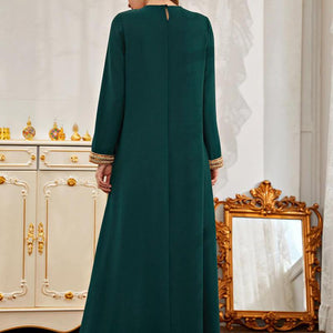 Oversized Women's Round Neck Long Sleeve Fashion Green Solid Color Sequin Stitching Muslim Ethnic Ramadan Robe Islamic Dresses