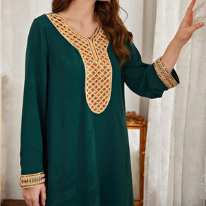 Oversized Women's Round Neck Long Sleeve Fashion Green Solid Color Sequin Stitching Muslim Ethnic Ramadan Robe Islamic Dresses
