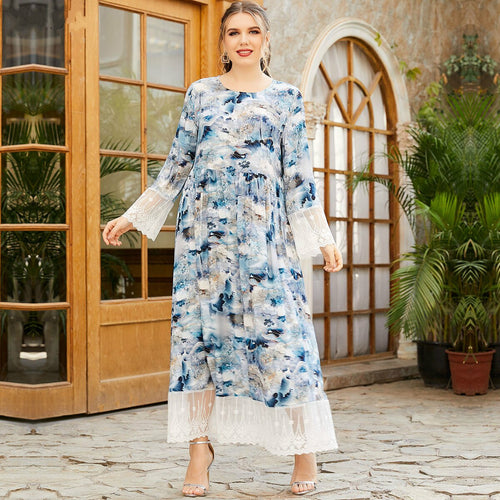 Oversized Women's Round Neck Long Sleeve Fashion Ink Printing Lace Stitching Fashion Muslim Long Skirt Clothing Turkish 2021