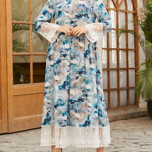 Oversized Women's Round Neck Long Sleeve Fashion Ink Printing Lace Stitching Fashion Muslim Long Skirt Clothing Turkish 2021