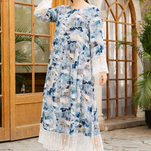 Oversized Women's Round Neck Long Sleeve Fashion Ink Printing Lace Stitching Fashion Muslim Long Skirt Clothing Turkish 2021