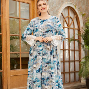 Oversized Women's Round Neck Long Sleeve Fashion Ink Printing Lace Stitching Fashion Muslim Long Skirt Clothing Turkish 2021