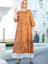 Load image into Gallery viewer, Oversized Women&#39;s Round Neck Long-sleeved Fashion Floral Print Lace Stitching Folds And Big Swing Lady Style Muslim Long Skirt