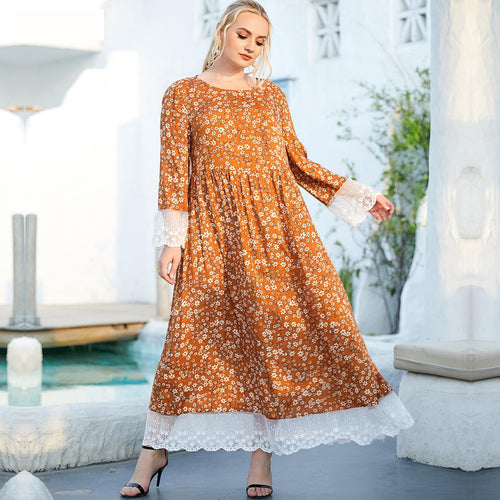 Oversized Women's Round Neck Long-sleeved Fashion Floral Print Lace Stitching Folds And Big Swing Lady Style Muslim Long Skirt