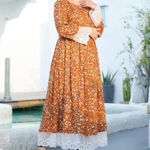 Oversized Women's Round Neck Long-sleeved Fashion Floral Print Lace Stitching Folds And Big Swing Lady Style Muslim Long Skirt