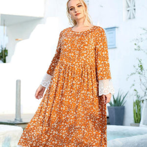 Oversized Women's Round Neck Long-sleeved Fashion Floral Print Lace Stitching Folds And Big Swing Lady Style Muslim Long Skirt