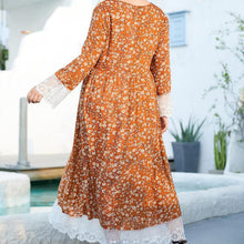Load image into Gallery viewer, Oversized Women&#39;s Round Neck Long-sleeved Fashion Floral Print Lace Stitching Folds And Big Swing Lady Style Muslim Long Skirt