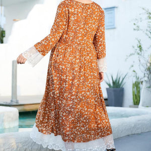 Oversized Women's Round Neck Long-sleeved Fashion Floral Print Lace Stitching Folds And Big Swing Lady Style Muslim Long Skirt