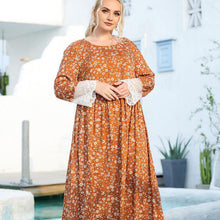 Load image into Gallery viewer, Oversized Women&#39;s Round Neck Long-sleeved Fashion Floral Print Lace Stitching Folds And Big Swing Lady Style Muslim Long Skirt