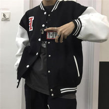 Load image into Gallery viewer, Oversized streetwear retro baseball uniform jacket women&#39;s Harajuku style PU leather contrast stitching men&#39;s casual jacket tops
