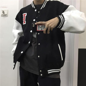 Oversized streetwear retro baseball uniform jacket women's Harajuku style PU leather contrast stitching men's casual jacket tops
