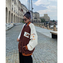 Load image into Gallery viewer, Oversized streetwear retro baseball uniform jacket women&#39;s Harajuku style PU leather contrast stitching men&#39;s casual jacket tops
