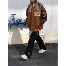 Load image into Gallery viewer, Oversized streetwear retro baseball uniform jacket women&#39;s Harajuku style PU leather contrast stitching men&#39;s casual jacket tops