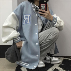 Oversized streetwear retro baseball uniform jacket women's Harajuku style PU leather contrast stitching men's casual jacket tops