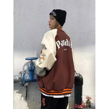 Load image into Gallery viewer, Oversized streetwear retro baseball uniform jacket women&#39;s Harajuku style PU leather contrast stitching men&#39;s casual jacket tops