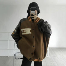 Load image into Gallery viewer, Oversized streetwear retro baseball uniform jacket women&#39;s Harajuku style PU leather contrast stitching men&#39;s casual jacket tops