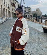Load image into Gallery viewer, Oversized streetwear retro baseball uniform jacket women&#39;s Harajuku style PU leather contrast stitching men&#39;s casual jacket tops