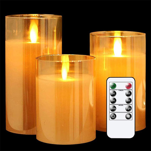 Pack of 3 Amber Glass LED Flameless Pillar Candles Flickering w/Remote&Timer Battery Operated Wedding Home Festival Decoration