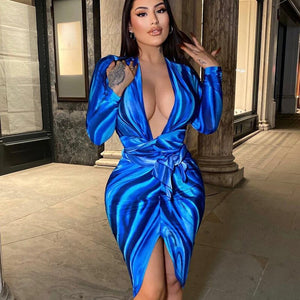 Painting Print Sexy Cut Out Deep V Women Mini Dresses Bandage Backless Midnight Clubwear Skinny Long Sleeves Dress Hot Bodycon