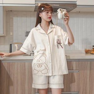 Pajama Set Woman 2 Pieces Summer New Sleepwear Ladies Casual Loose Small Fresh Wind Short-Sleeved Shorts Fashion Homewear