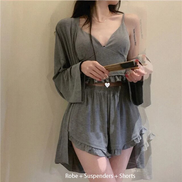 Pajama Set Woman 3 Pieces Sexy Suspenders Loose Shorts Sleepwear Women'S Spring And Summer  New Japanese Long-Sleeve Nightgown