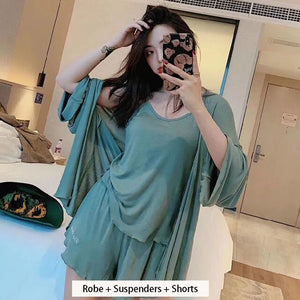 Pajama Set Woman 3 Pieces Sexy Suspenders Loose Shorts Sleepwear Women&#39;S Spring And Summer  New Japanese Long-Sleeve Nightgown