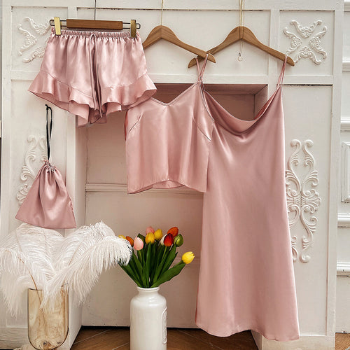 Pajama Set Women Pajamas for Women Silk Sleepwear Set Sleep Tops Summer Sexy Nightwear 3PC Suit Nightgown Nightie Home Clothes