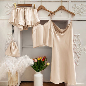 Pajama Set Women Pajamas for Women Silk Sleepwear Set Sleep Tops Summer Sexy Nightwear 3PC Suit Nightgown Nightie Home Clothes