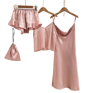 Pajama Set Women Pajamas for Women Silk Sleepwear Set Sleep Tops Summer Sexy Nightwear 3PC Suit Nightgown Nightie Home Clothes