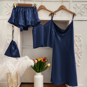 Pajama Set Women Pajamas for Women Silk Sleepwear Set Sleep Tops Summer Sexy Nightwear 3PC Suit Nightgown Nightie Home Clothes