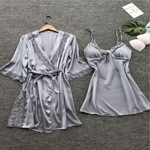 Pajama Sets Sleepwear Women Pajamas Silk Sleepwear Set Two Piece Suit Satin Sleeping Dress Sexy Nightwear Lace Nightgown