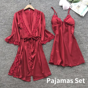 Pajama Sets Sleepwear Women Pajamas Silk Sleepwear Set Two Piece Suit Satin Sleeping Dress Sexy Nightwear Lace Nightgown