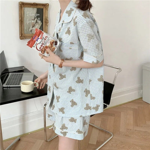 Pajamas For Women 2 Piece Set Cute Bear Plaid Japanese Summer Short-Sleeved Shorts Thin Home Service Satin Pajamas Set Women