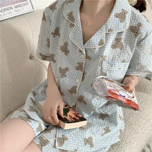 Load image into Gallery viewer, Pajamas For Women 2 Piece Set Cute Bear Plaid Japanese Summer Short-Sleeved Shorts Thin Home Service Satin Pajamas Set Women
