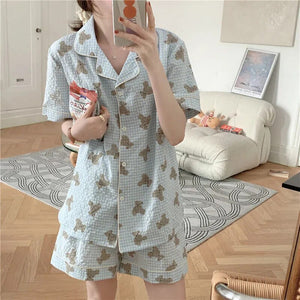 Pajamas For Women 2 Piece Set Cute Bear Plaid Japanese Summer Short-Sleeved Shorts Thin Home Service Satin Pajamas Set Women