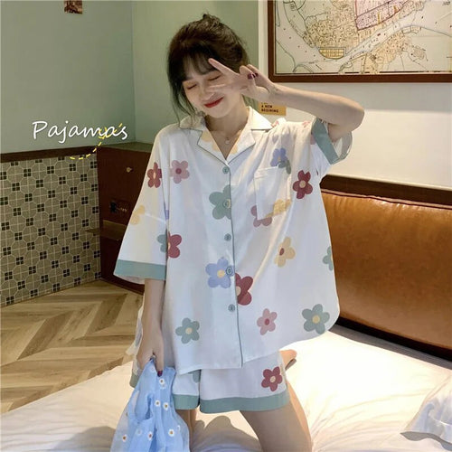 Pajamas For Women'S 2 Piece Set Summer Clothes New Korean Style Sweet And Thin Short-Sleeved Shorts Satin Pajamas Set Home Dress