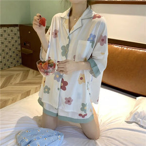 Pajamas For Women&#39;S 2 Piece Set Summer Clothes New Korean Style Sweet And Thin Short-Sleeved Shorts Satin Pajamas Set Home Dress