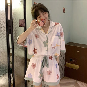 Pajamas For Women&#39;S 2 Piece Set Summer Clothes New Korean Style Sweet And Thin Short-Sleeved Shorts Satin Pajamas Set Home Dress