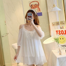 Load image into Gallery viewer, Pajamas For Women Set 2 Pieces Summer Short-Sleeved Sleepwear  Suspenders Nightdress Korean Kawaii Lace Mesh Thin Sexy Home Wear
