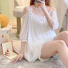 Load image into Gallery viewer, Pajamas For Women Set 2 Pieces Summer Short-Sleeved Sleepwear  Suspenders Nightdress Korean Kawaii Lace Mesh Thin Sexy Home Wear