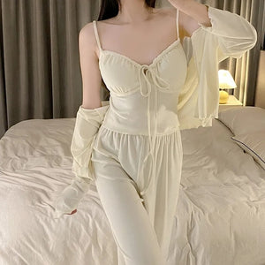 Pajamas For Women Sexy Bras Sleepwear Modal Suspender Trousers With Pajamas Four-Piece Set Sweet Bow Drawstring  Loungewear