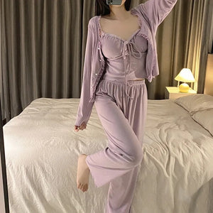 Pajamas For Women Sexy Bras Sleepwear Modal Suspender Trousers With Pajamas Four-Piece Set Sweet Bow Drawstring  Loungewear