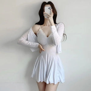 Pajamas For Women Sexy Bras Solid Elegant Mini Dress Sleepwear Kawaii Party Dress Female  Korean Fashion Dress 2 Piece Set