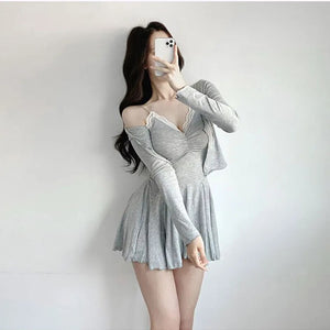 Pajamas For Women Sexy Bras Solid Elegant Mini Dress Sleepwear Kawaii Party Dress Female  Korean Fashion Dress 2 Piece Set